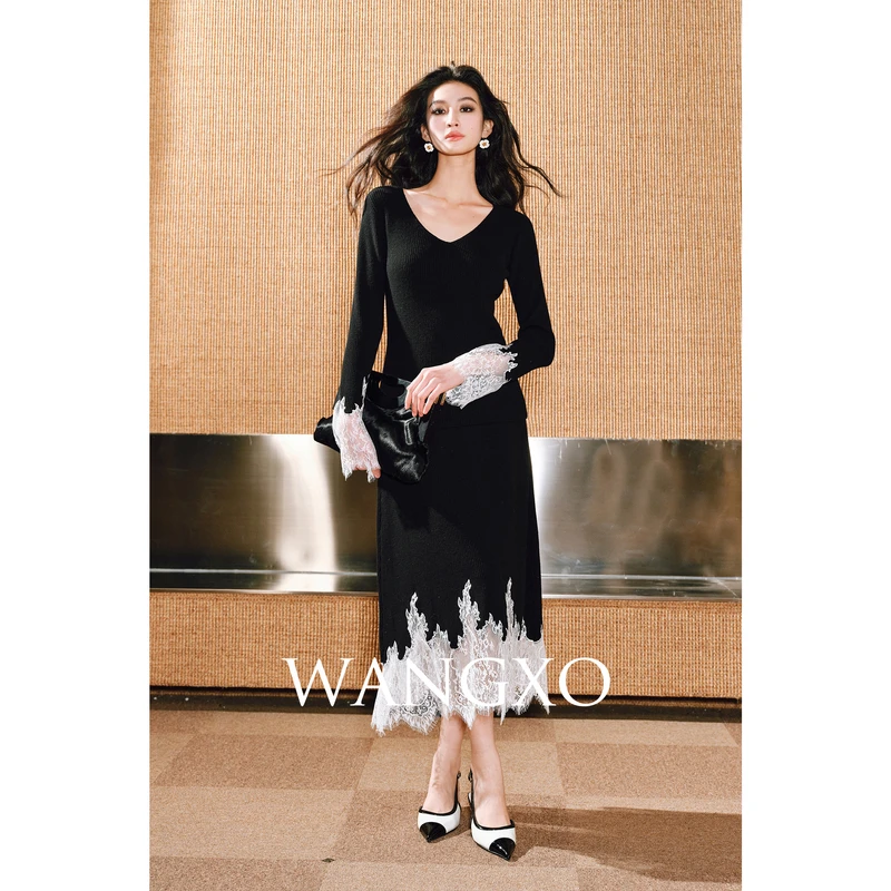 WANGXO【琉璃】羊毛蕾丝拼接针织套装 2451389W/2451389W-1