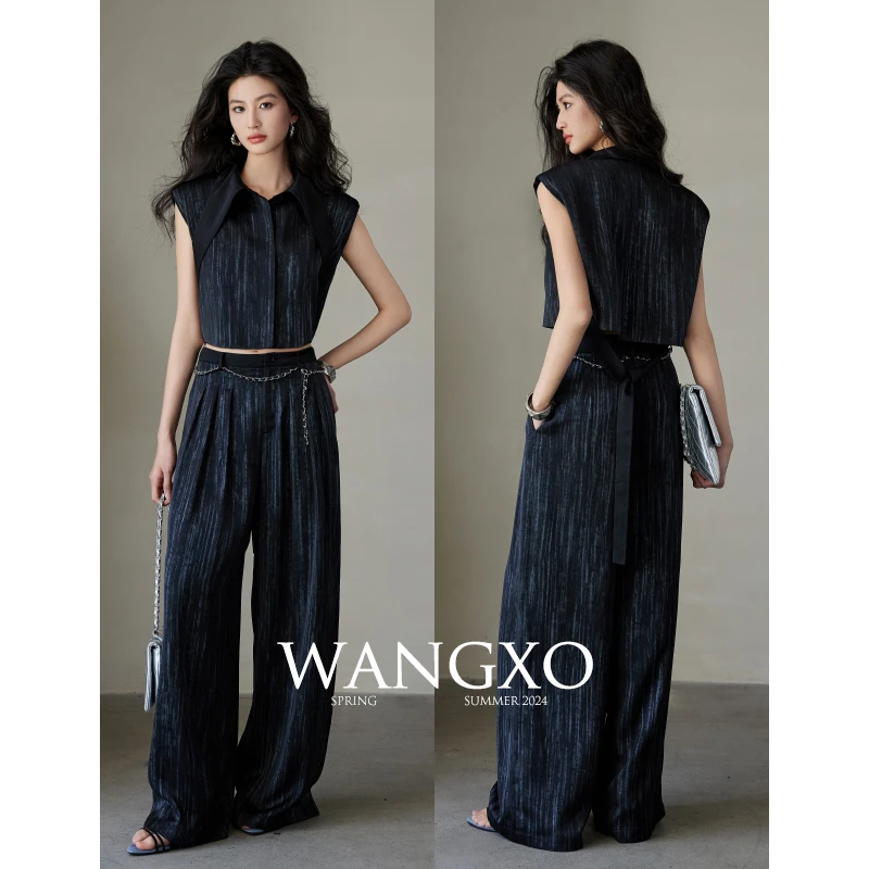 WANGXO缎面抓皱撞色坎肩衬衫裤子套装 240297S