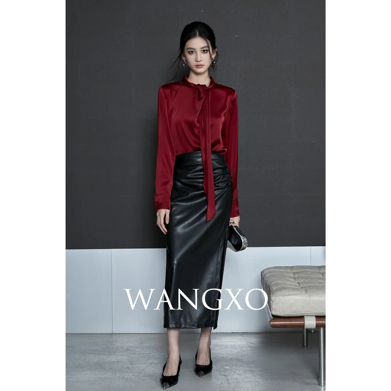 WANGXO  侧边手工捏褶显瘦高腰皮半裙  210327S-1