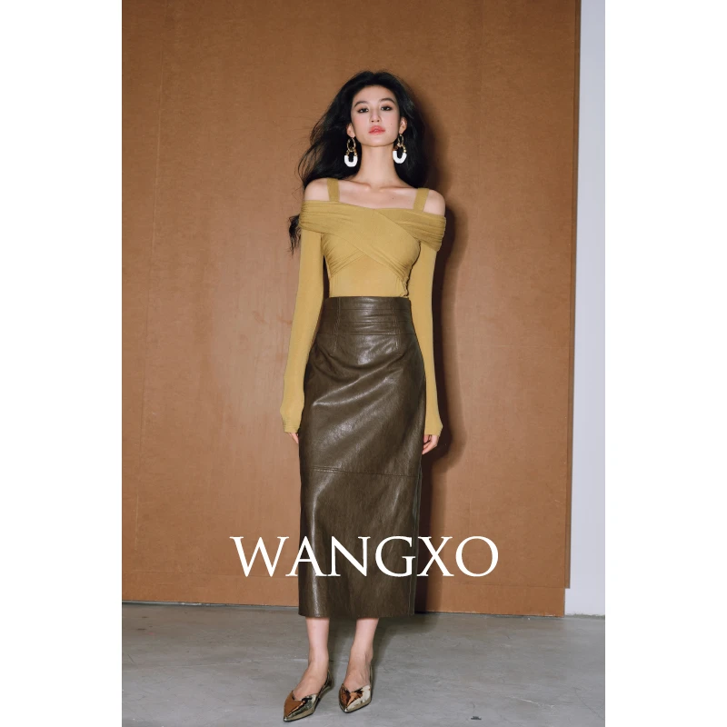 WANGXO金属丝PU皮高腰显瘦直筒半身裙 241582Y