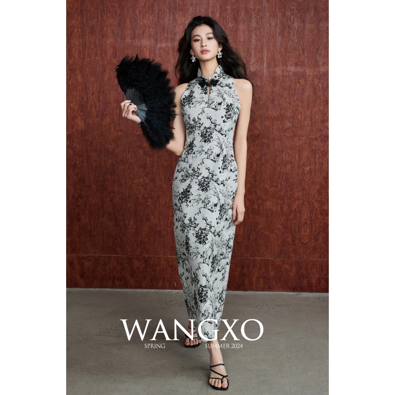 WANGXO 国风提花下摆开衩无袖连衣裙 240181S