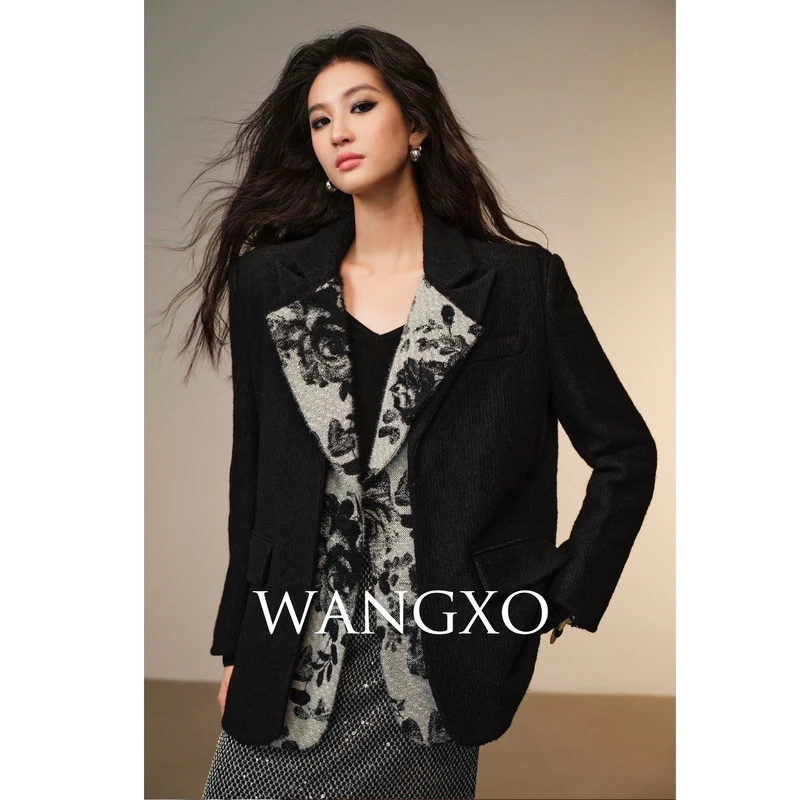 WANGXO【法兰西】麦穗肌理羊/原创山水墨画提花尖领羽西装 2301870S