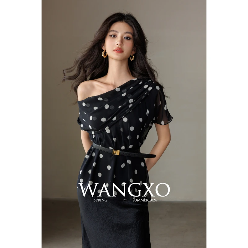 WANGXO斜肩两穿手工捏褶波点显瘦上衣242352G