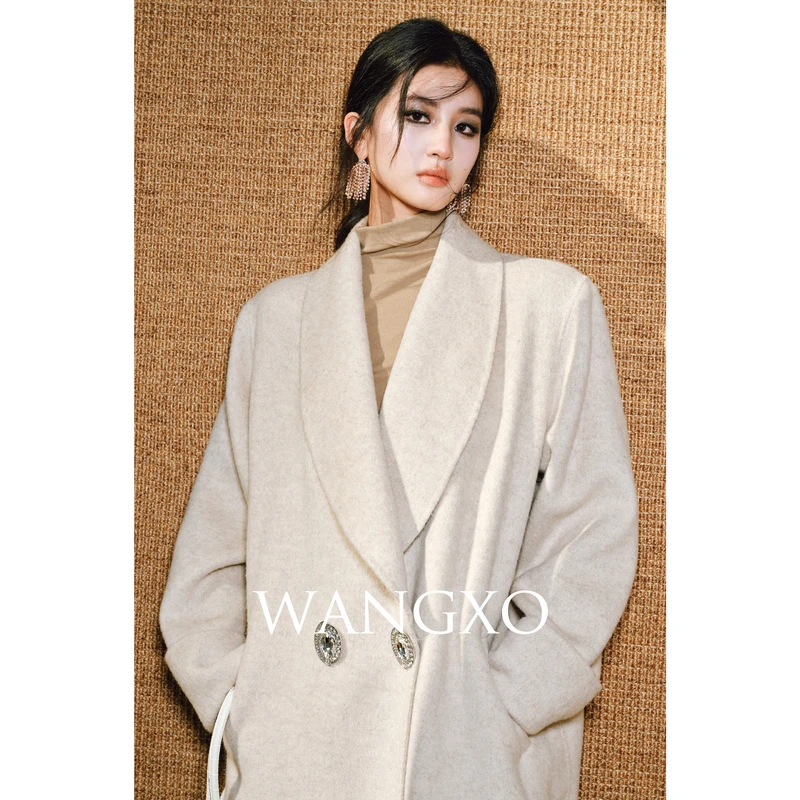 WANGXO【冬日恋岛】羊毛青果领廓形钻扣双面呢大衣 2401226W