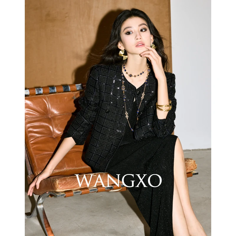 WANGXO 重工羊亮片格纹小香短款外套 242851G