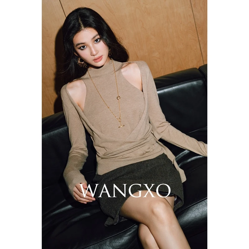 WANGXO 套头假两件交叉绑带针织上衣 241931W