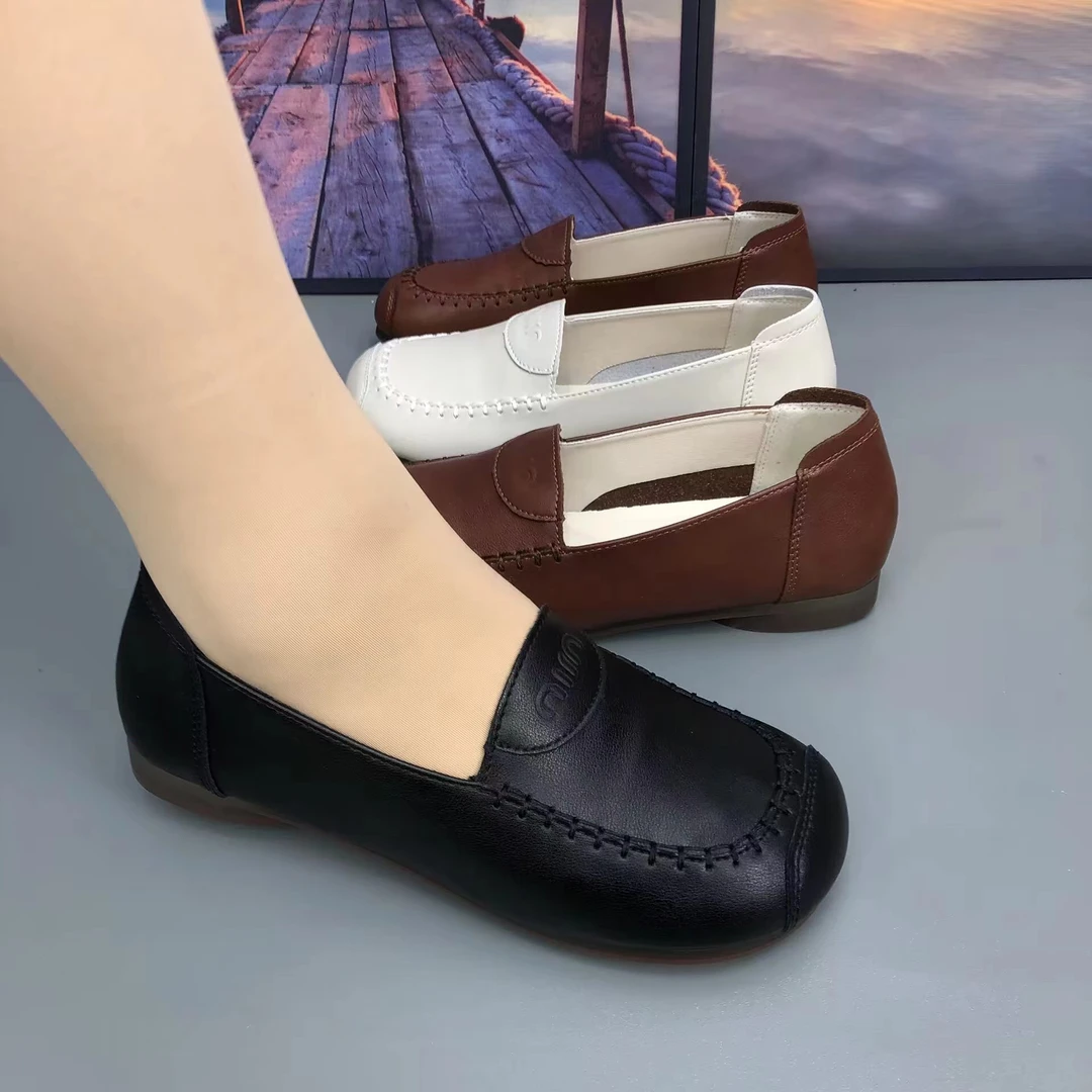 妈妈鞋休闲时尚中老年女士真皮一脚蹬懒人鞋平底防滑百搭乐福鞋女