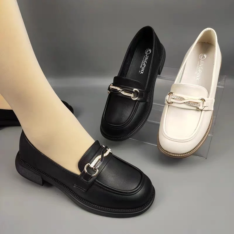 乐福鞋女2023年夏新款一脚蹬厚底中年妈妈单鞋圆头软皮小皮鞋平底