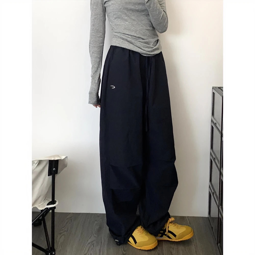 2025夏季美式复古藏青色高腰休闲裤女宽松阔腿原宿风休闲直筒长裤