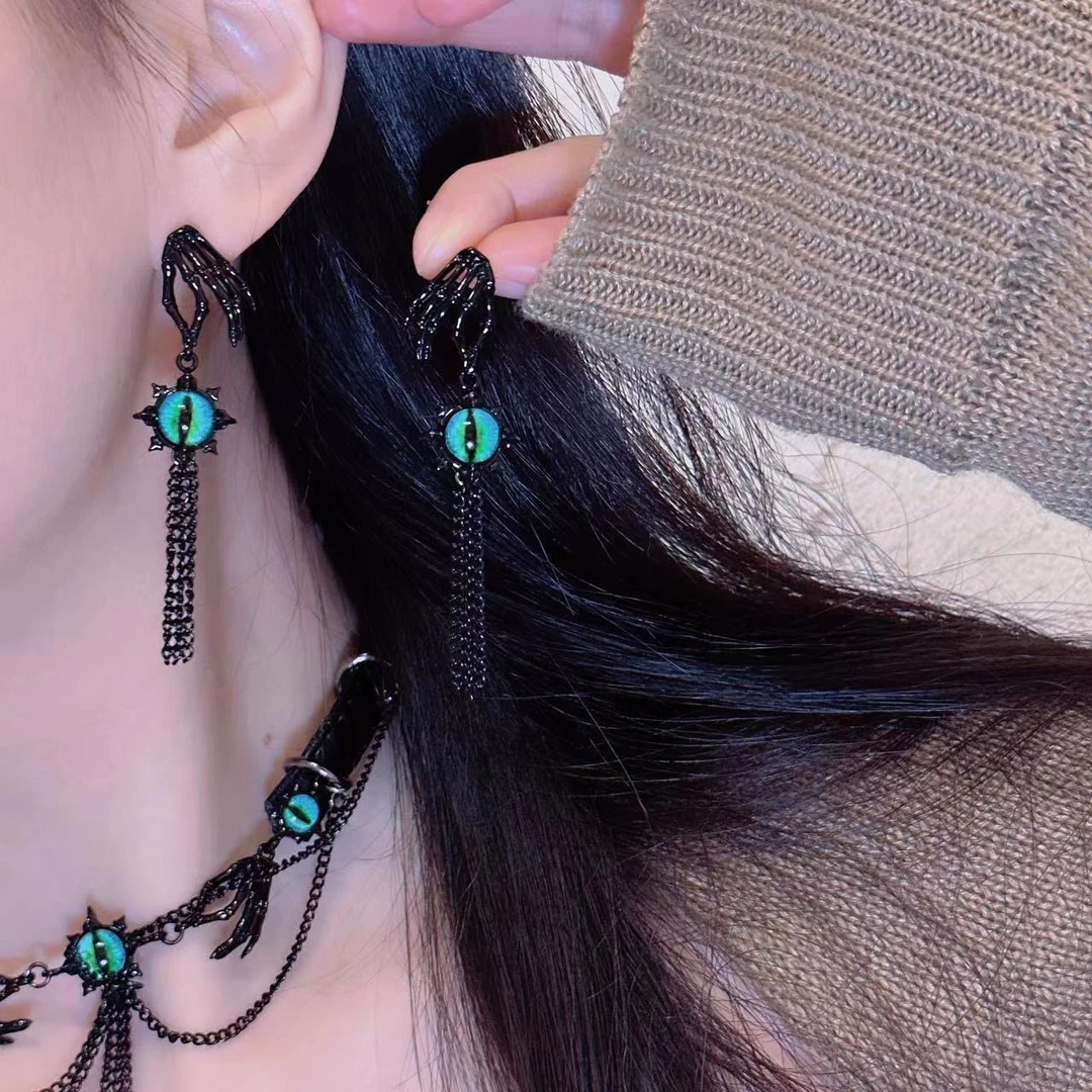 黄铜亚克力耳饰 个性暗黑绿色恶魔之眼流苏骷髅肉耳钉小众项链
