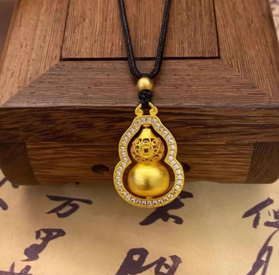 合金吊坠 新款中式国潮风豪镶高闪古法镂空时来运转钱币葫芦项链i