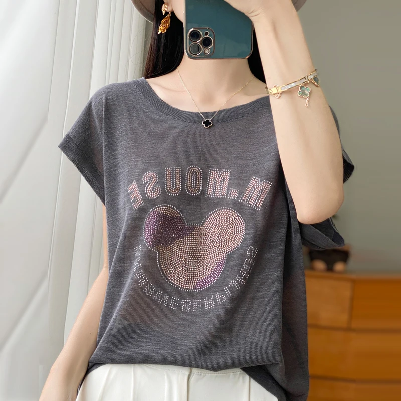 夏款竹节麻针织衫米奇高温烫钻大码背心蝙蝠袖透气百搭轻薄T恤529