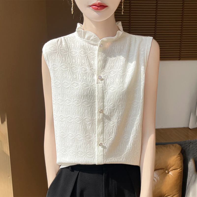 新款木耳边针织背心女无袖打底衫法式暗纹提花时尚气质内搭K51