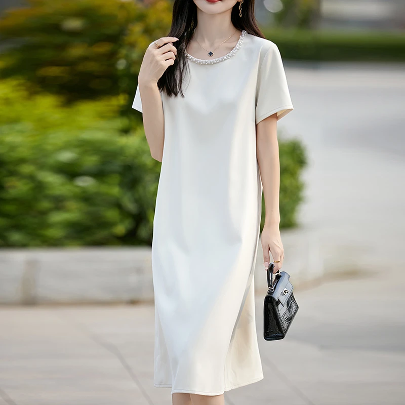 2024夏季新款简约大方短袖女装宽松连衣裙中长款百搭气质纯色J729