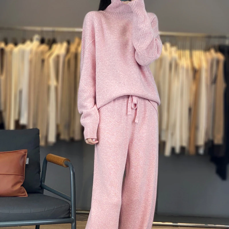 秋冬新款100羊毛套装高级感女高领宽松毛衣加厚阔腿裤针织两件套