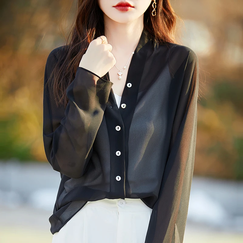 乔其衫夏薄款防晒衫女V领衬衫长袖轻奢气质显瘦简约风开衫上衣