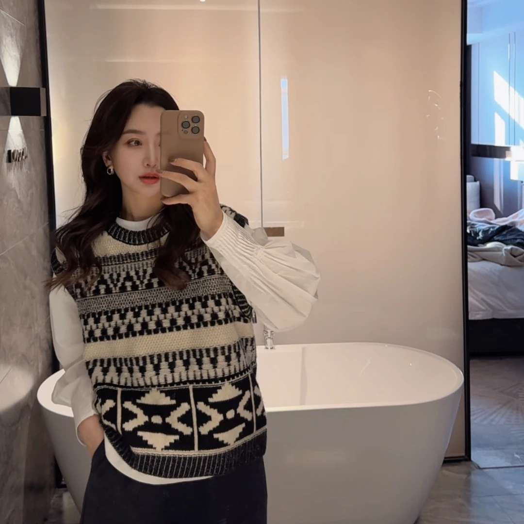 【费尔岛】复古提花设计感针织马甲无袖毛衣女上衣