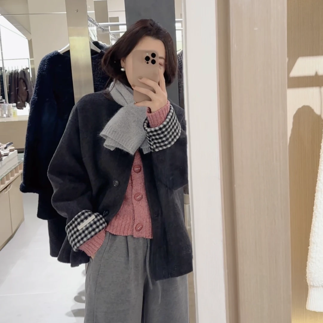 【薄荷微光】羊毛+骆驼绒双面长毛通勤格子拼色秋冬毛呢外套女上衣