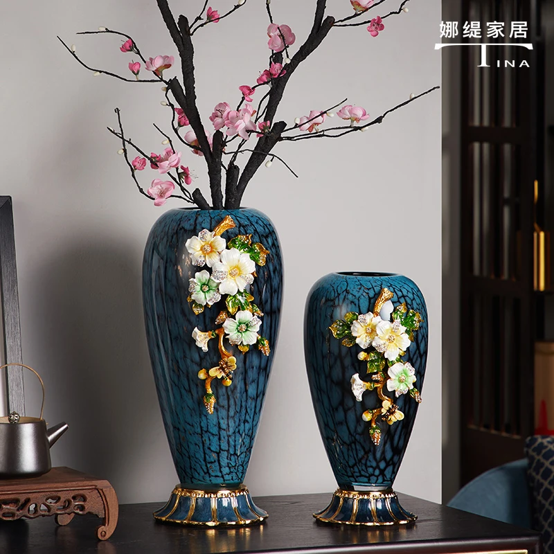 娜缇家居《翠羽花瓶》客厅玄关柜欧式家居珐琅彩插花美式家居装饰品