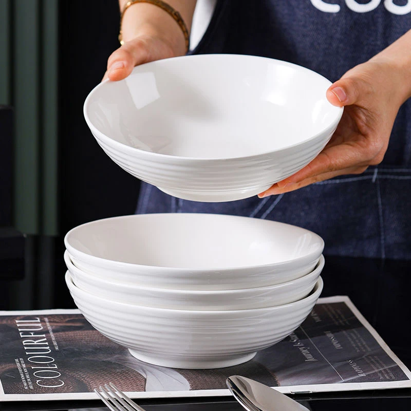 纯白7英寸螺纹深盘4/6个装家用加厚高颜值盘陶瓷餐具菜盘子汤盘