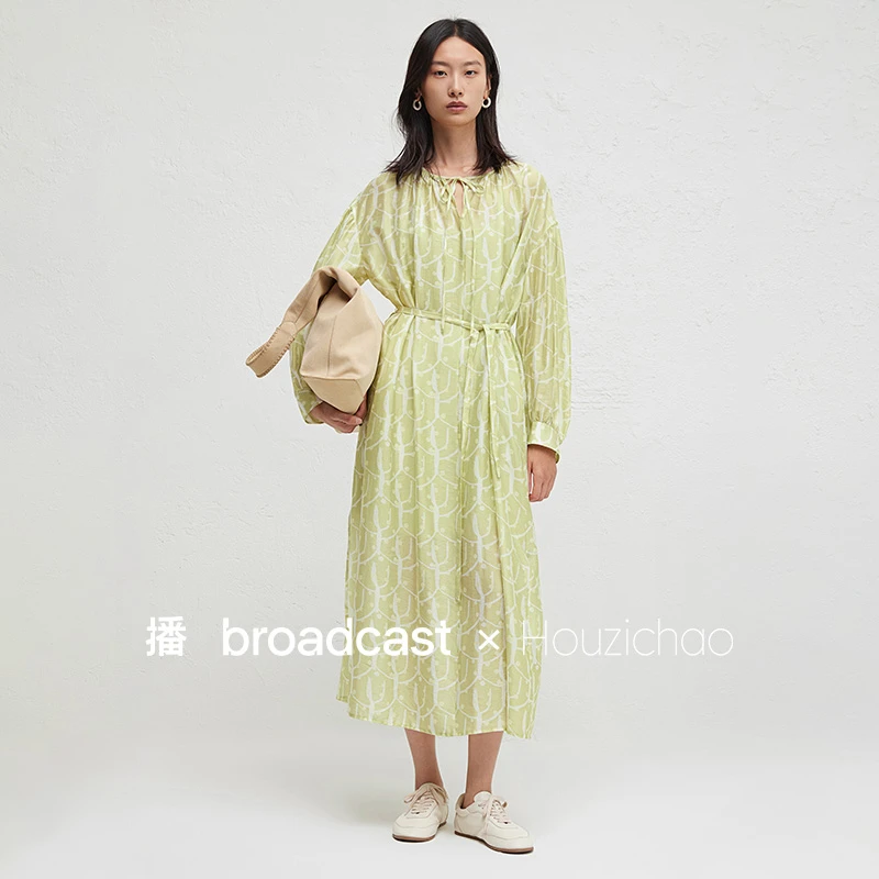 「欧若风」播Houzichao联名捏褶系带圆领连衣裙BDR3LD3371
