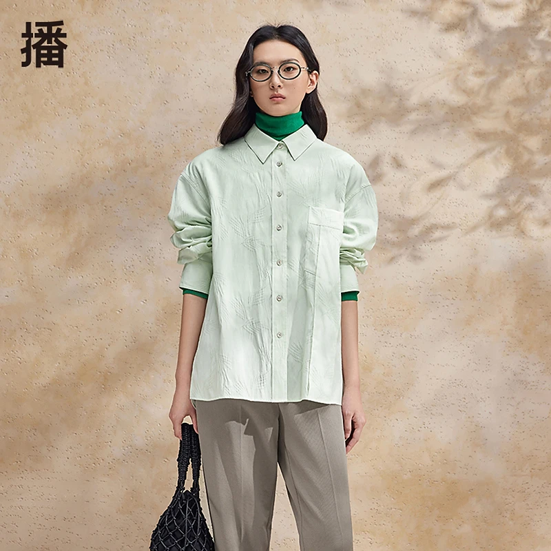 「欧若风」播夏气质衬衣小众时尚肌理感竹叶印花衬衫BDR2CD1549