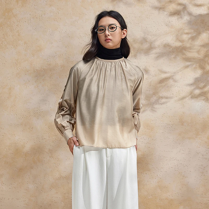 欧若风 播衬衣休闲时尚绿色肌理感系扣圆领衬衫BDR2HD1505