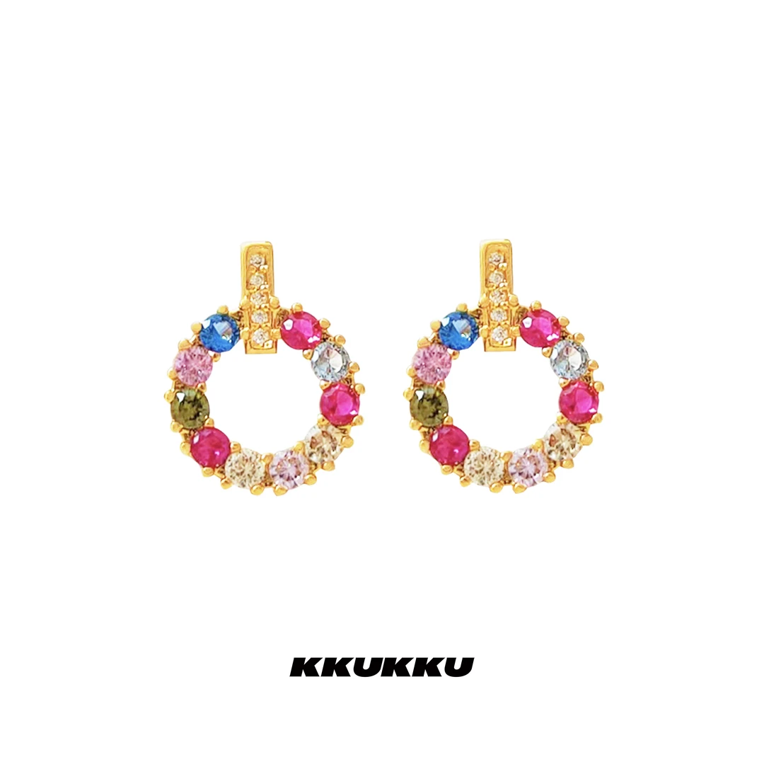 KKUKKU 铜合金合成锆石耳饰 彩色梦幻花园耳钉百搭简约轻奢气质