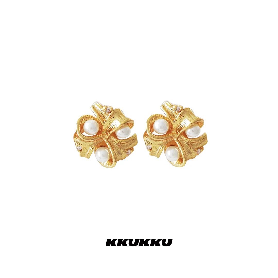 KKUKKU 铜合金耳饰 法式金色浮雕拼接珠小众优雅耳钉轻奢百搭