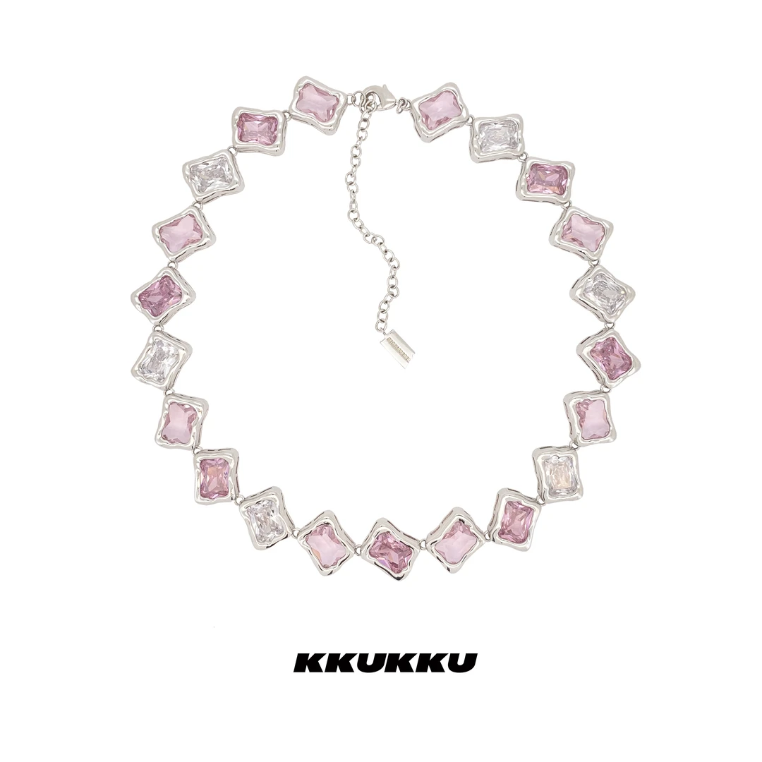 KKUKKU 铜合金合成锆石项链 原创设计粉色方糖不规则拼接项链百搭