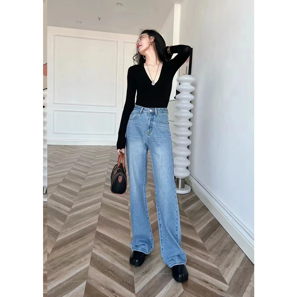 我是工厂丨水云蓝丨春季新款无弹高腰窄版阔腿直筒牛仔裤显瘦薄款