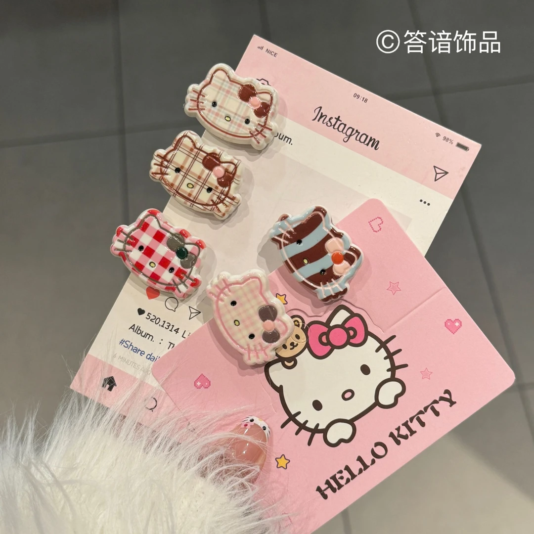 可爱格纹KT猫发夹卡通咖色系侧边刘海夹简约百搭碎发鸭嘴夹发卡