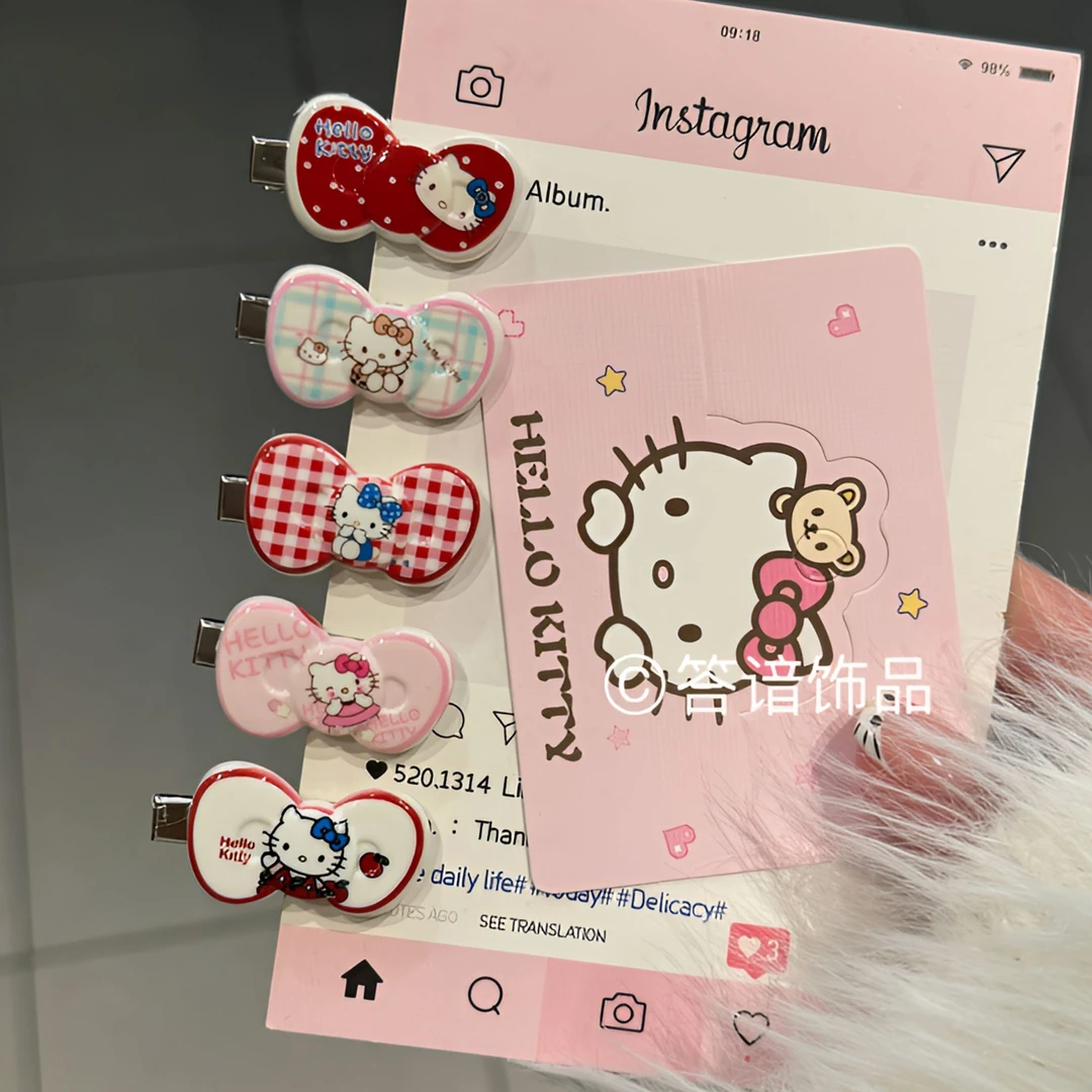 日系甜美领结KT猫发夹甜妹百搭侧边刘海夹波点格纹少女发卡