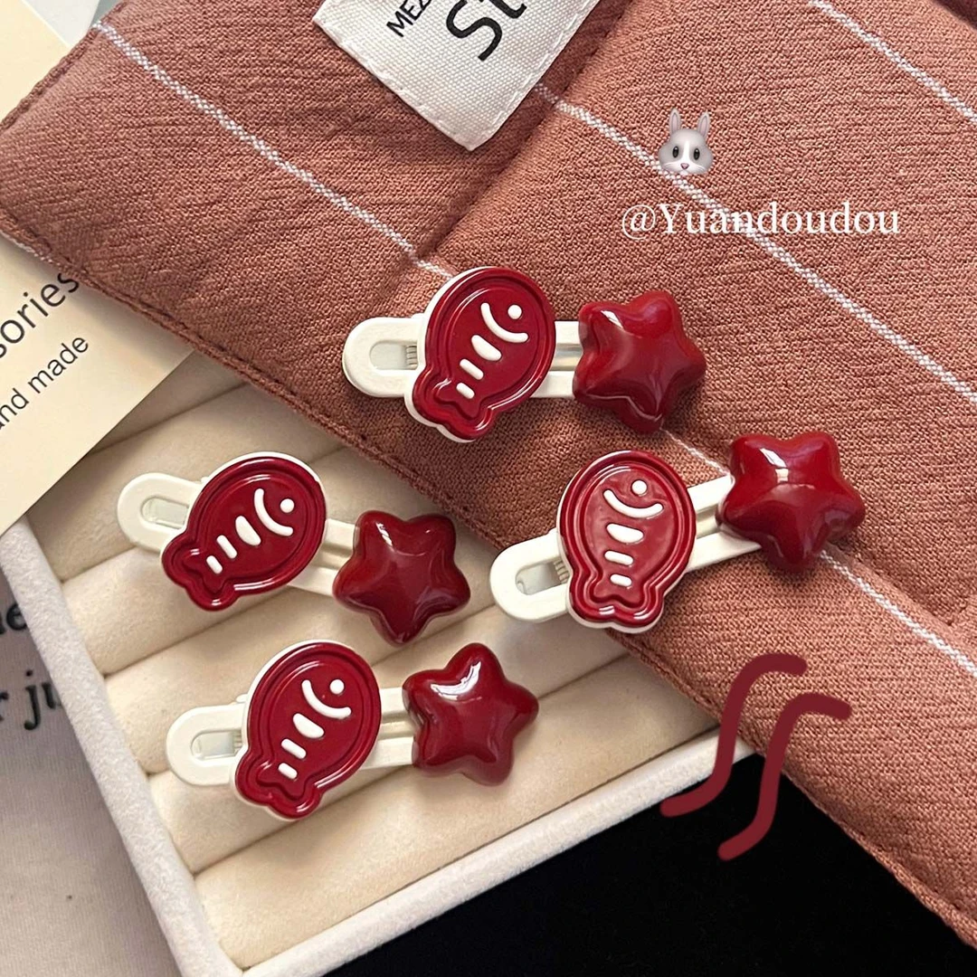 安可拉红~可爱小鱼五角星发夹鸭嘴夹显白刘海夹甜美女侧边夹发饰