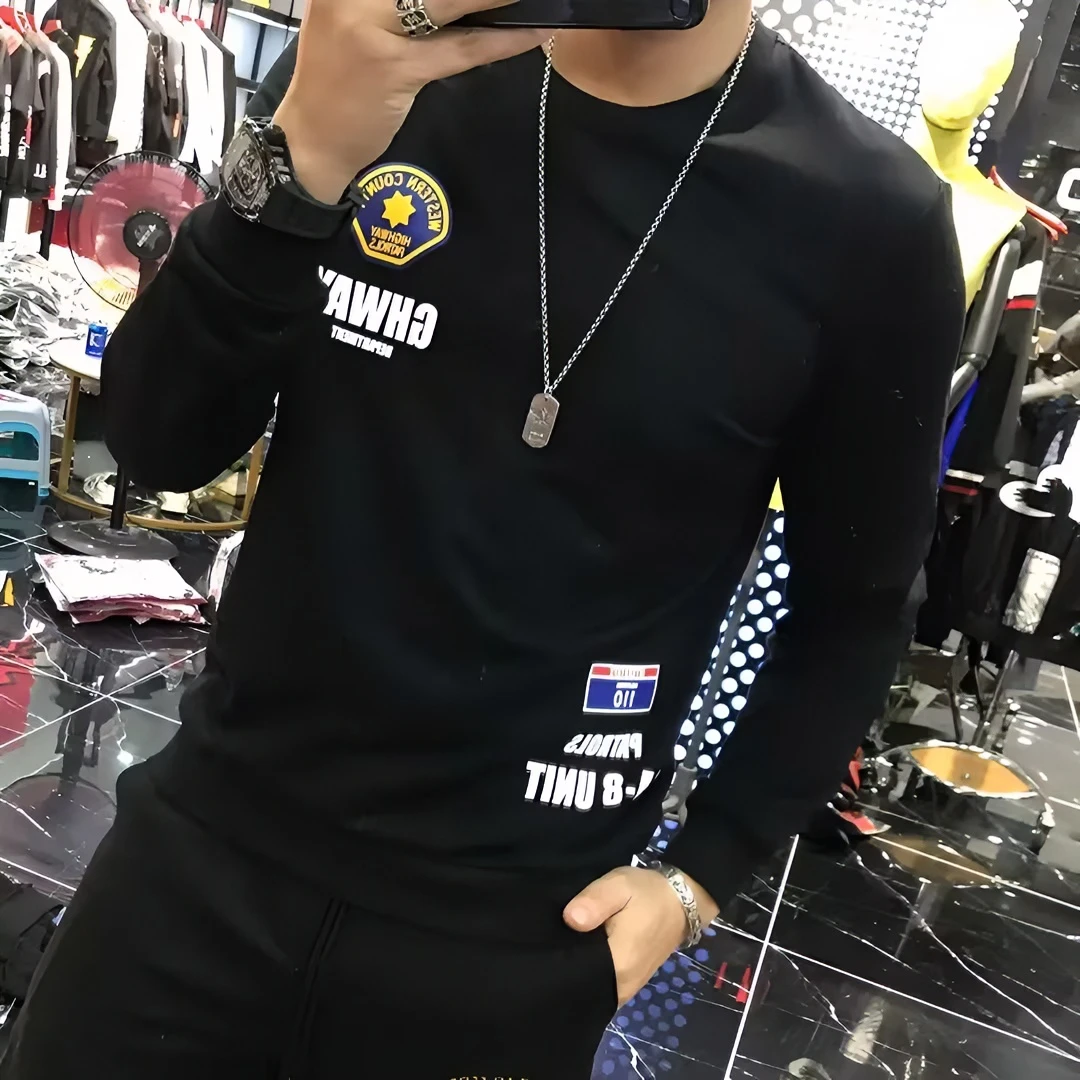 男士2022新款秋冬季欧货美式加绒卫衣男潮ins帅气修身套头长袖T恤
