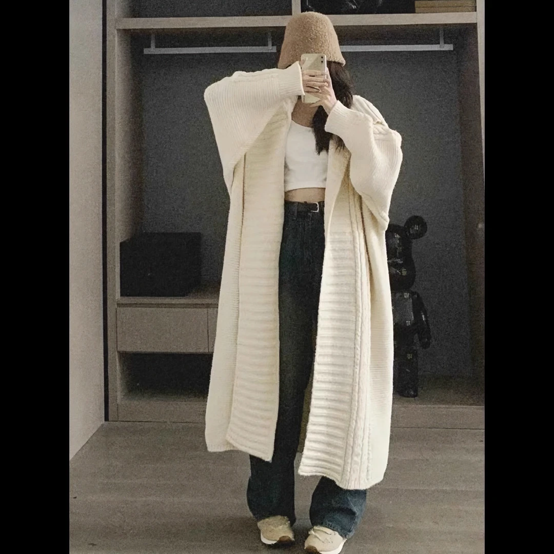 秋冬加厚女法式大翻领长款针织开衫宽松慵懒温柔风毛衣外套高级感