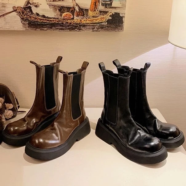 [iDO]秋冬新款6cm缩纹马皮松紧带厚底粗跟短筒切尔西靴女靴时尚