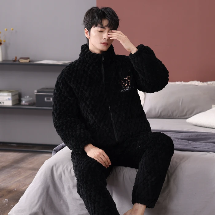 冬季加绒加厚夹棉睡衣男代发