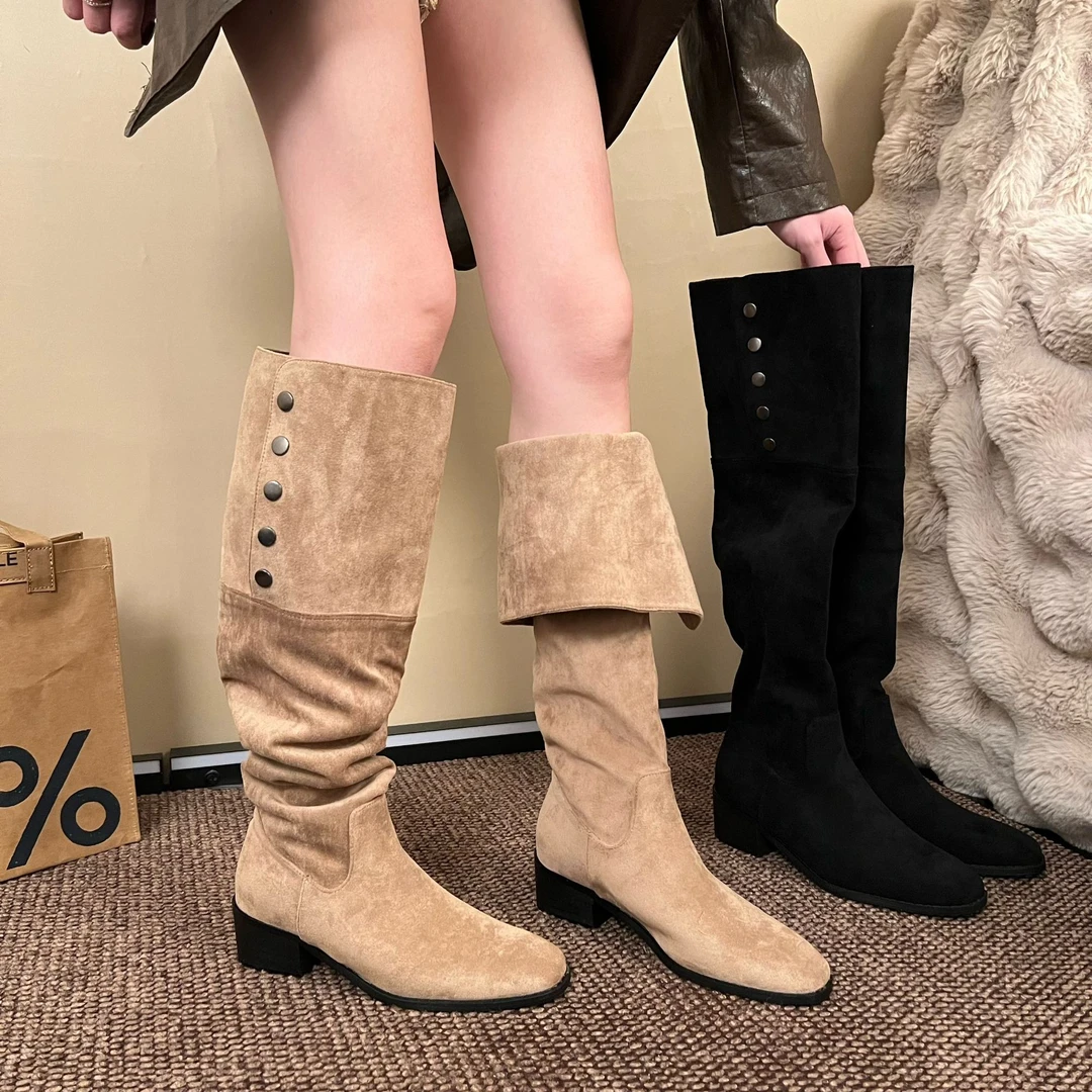 一鞋两穿堆堆靴子女长筒瘦瘦靴复古棕色高筒靴西部牛仔靴长筒靴女
