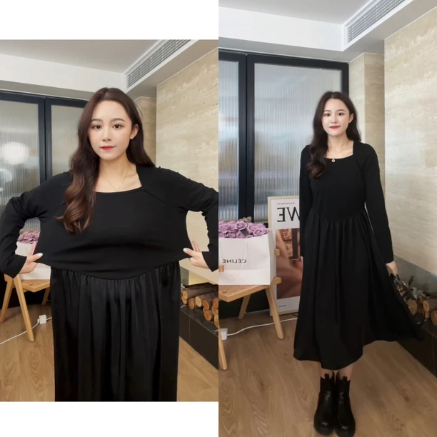 【显脸小方领连衣裙】大码女装高腰拼接裙子春装百搭73324