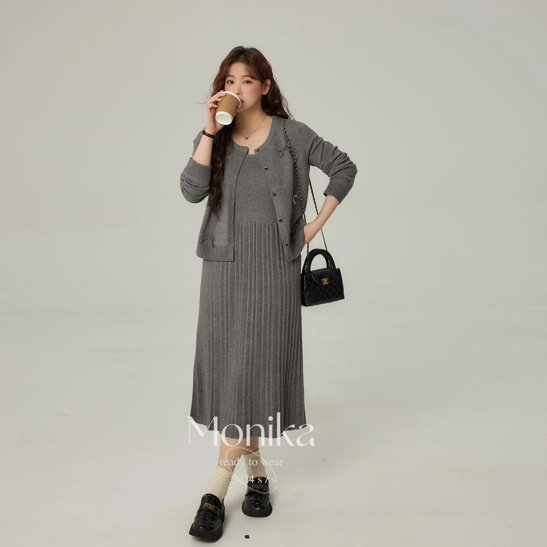 大码女装蝴蝶结显瘦针织背心连衣裙圆领开衫套装L22778