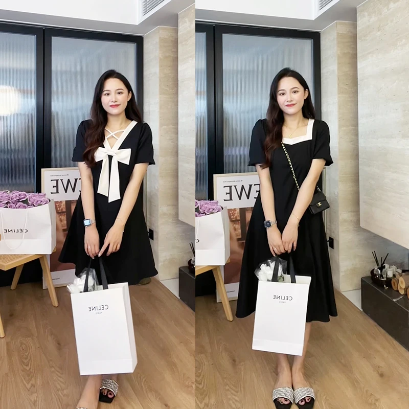 【5折清仓现货现发】两面穿裙大码蝴蝶结装饰连衣裙长裙裙子73291