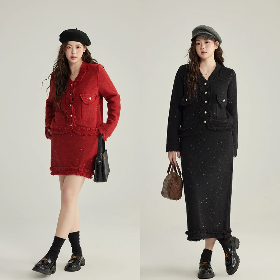 【5折清仓现货现发】小香风V领大码女装春装亮片半身裙开衫15338