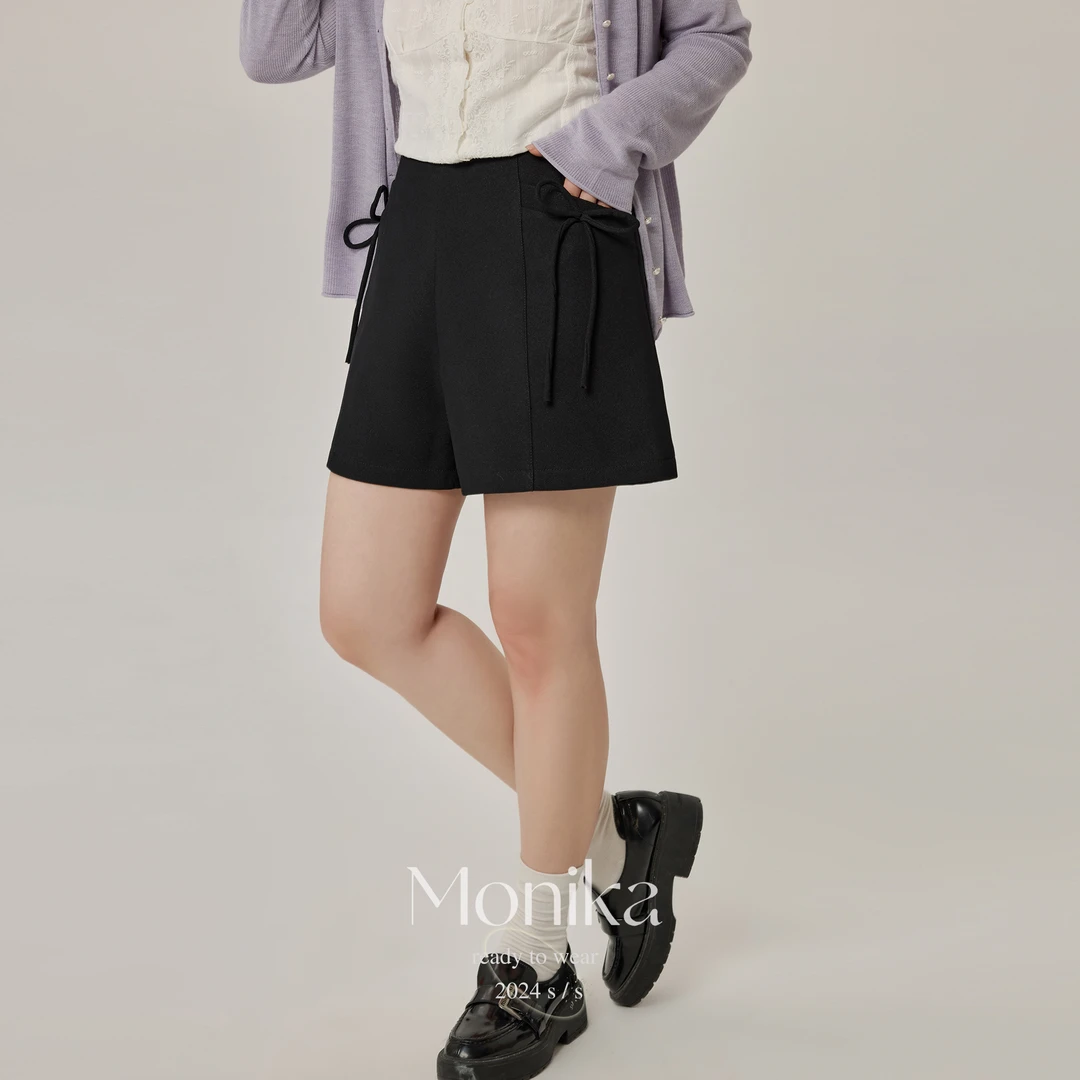 大码女装秋装新款黑色宽松高腰显瘦蝴蝶结亮闪短裤75488