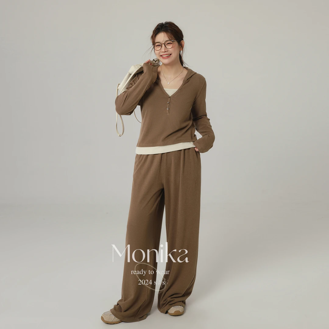 大码女装连帽套头假两件上衣休闲运动套装高腰阔腿裤两件套75448