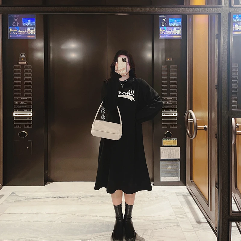 大码女装春款休闲长款宽松裙子胖mm显瘦印花卫衣连衣裙74000