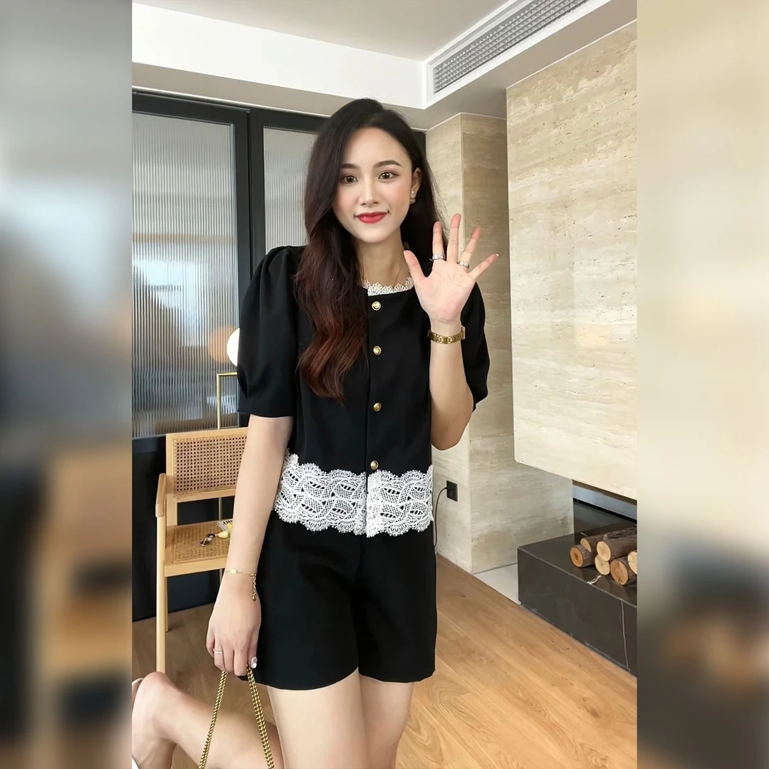 赫本风蕾丝拼接上衣73203