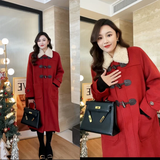 【加厚牛角扣毛呢大衣】大码女装春装保暖中长款外套显瘦72654