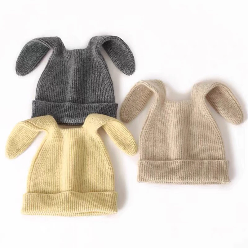 俏皮可爱！100%纯山羊绒帽子男女童秋冬保暖长耳朵兔子毛线包头帽