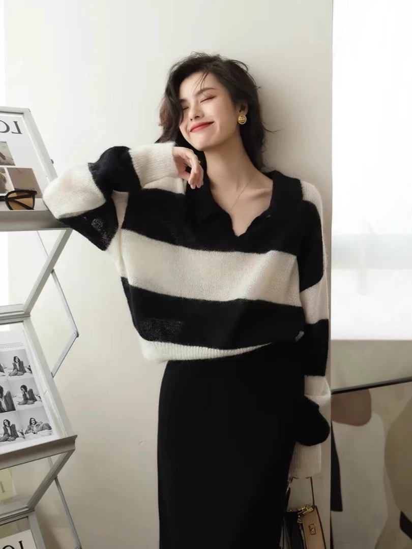 G货！法国小众慵懒风山羊绒衫女条纹撞色针织衫毛衣polo衫外搭